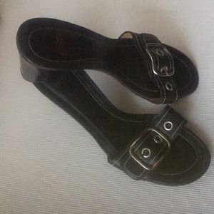 Black Leather, white threading Coach Sandal